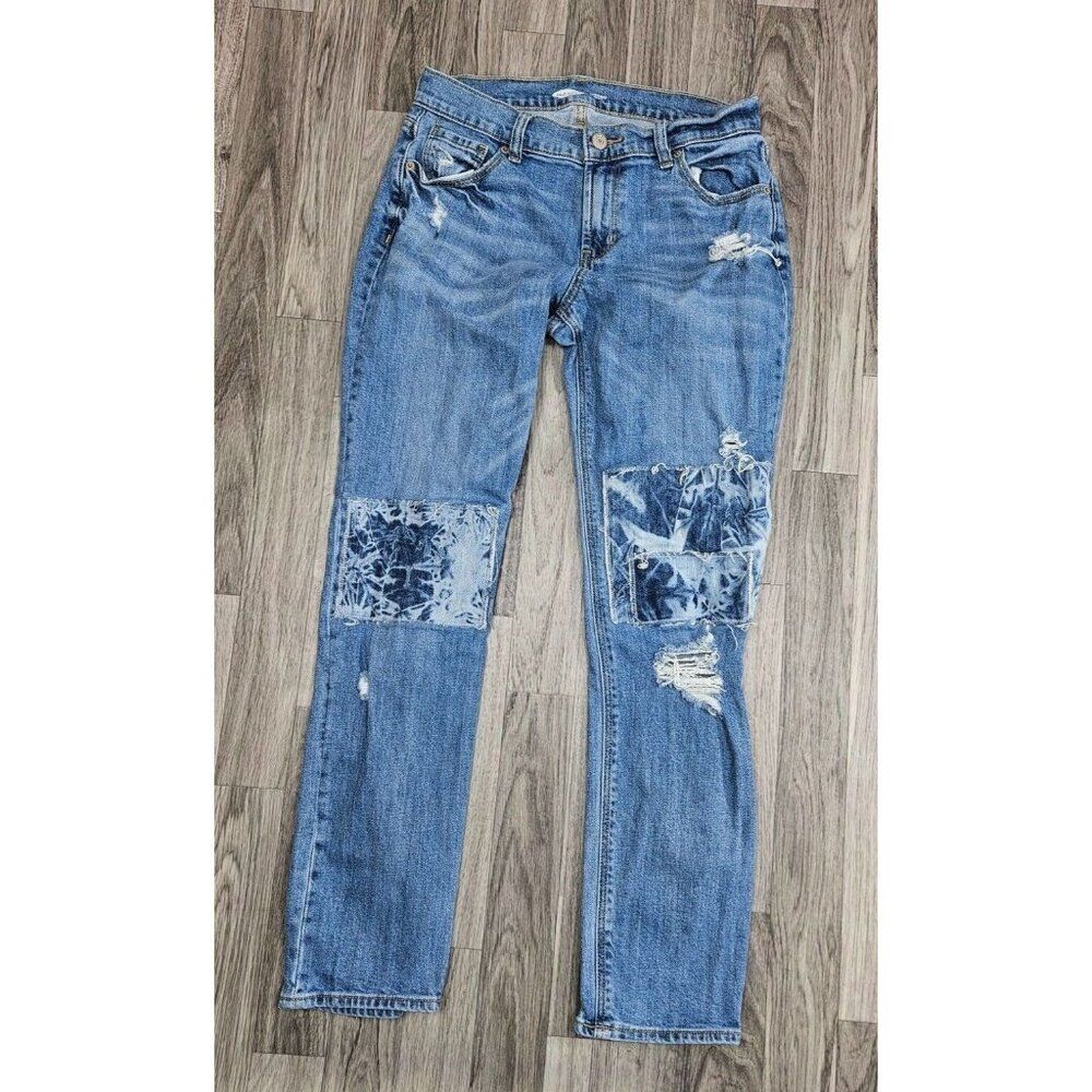 Old Navy Size 0 Boyfriend Mid Rise Distressed Patches Denim Blue Jeans‎